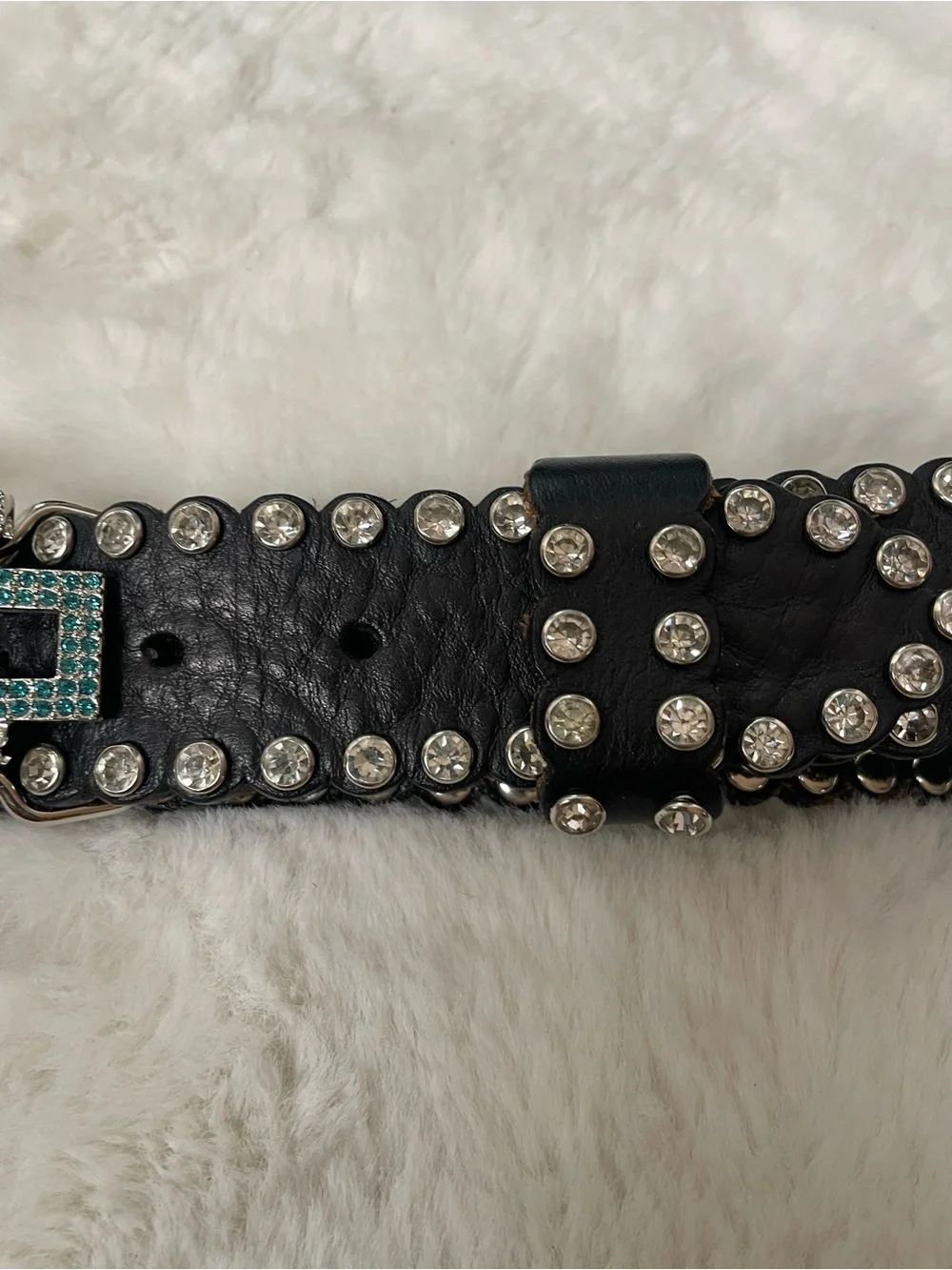 Harley-Davidson Black Leather Belt with Teal Crystal Buckle